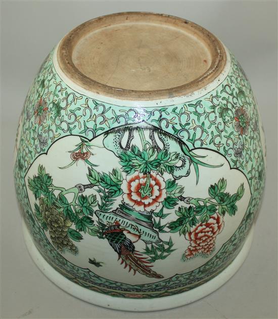 A Chinese famille verte goldfish bowl, late 19th century, diam.30cm, star crack to base